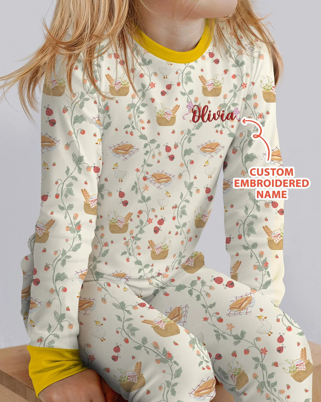 Custom Name Embroidered Picnic Time Bamboo Two Piece Long Sleeve Pajama Set