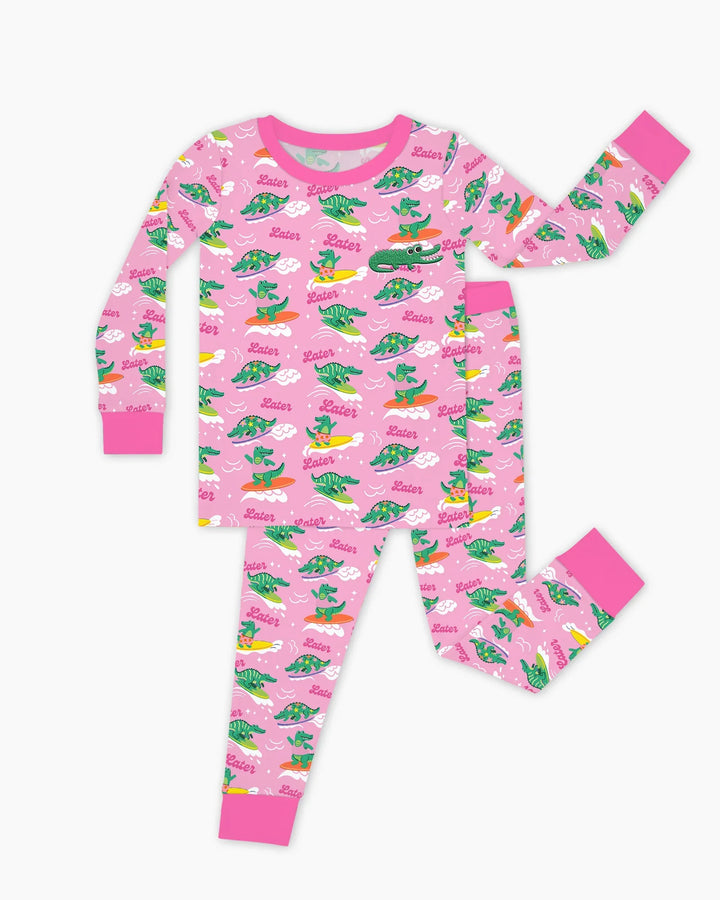 Conjunto de pijama de dos piezas de bambú de manga larga con cocodrilo bordado para verano