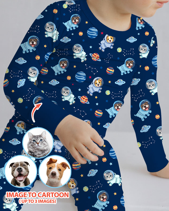 Astronaut Custom Pet Image Family Matching Bamboo Two Piece Long Sleeve Pajama Set