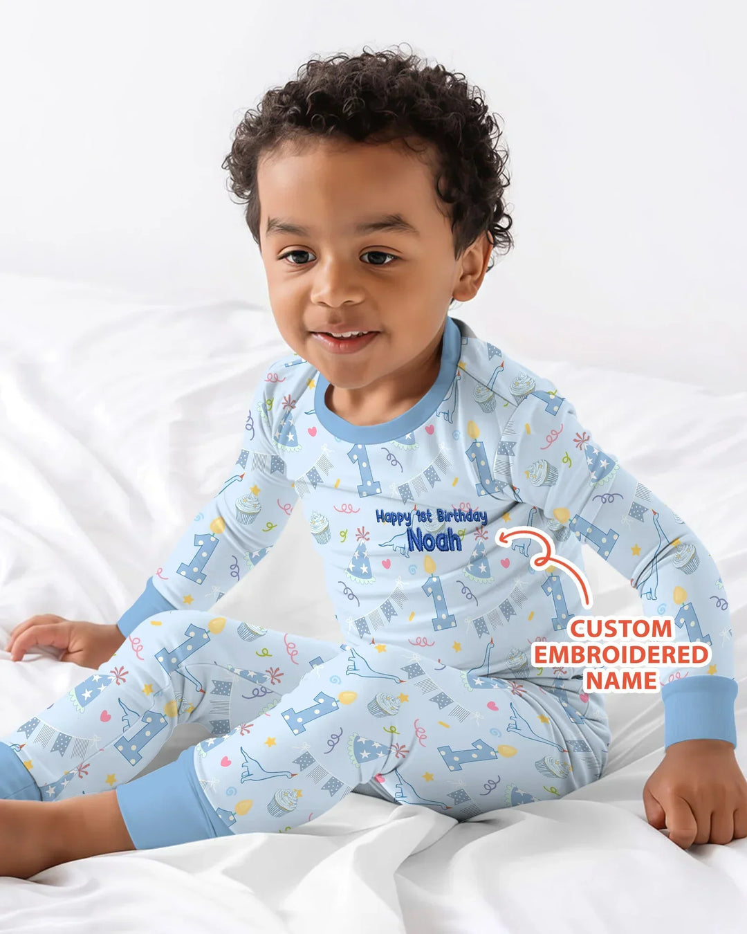 Conjunto de pijama de dos piezas de bambú bordado de manga larga para bebé con personalización de 1er cumpleaños para niño