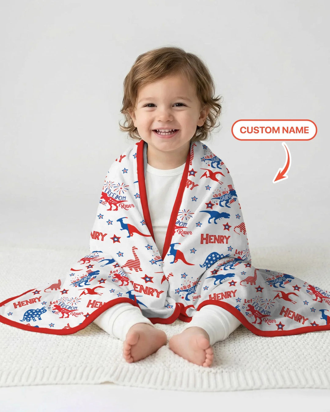 Custom Name Patriotic Dinosaur Bamboo Blanket