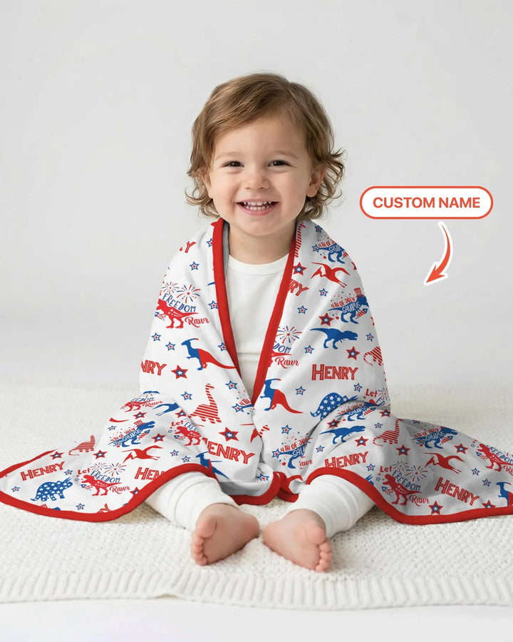 Custom Name Patriotic Dinosaur Bamboo Blanket