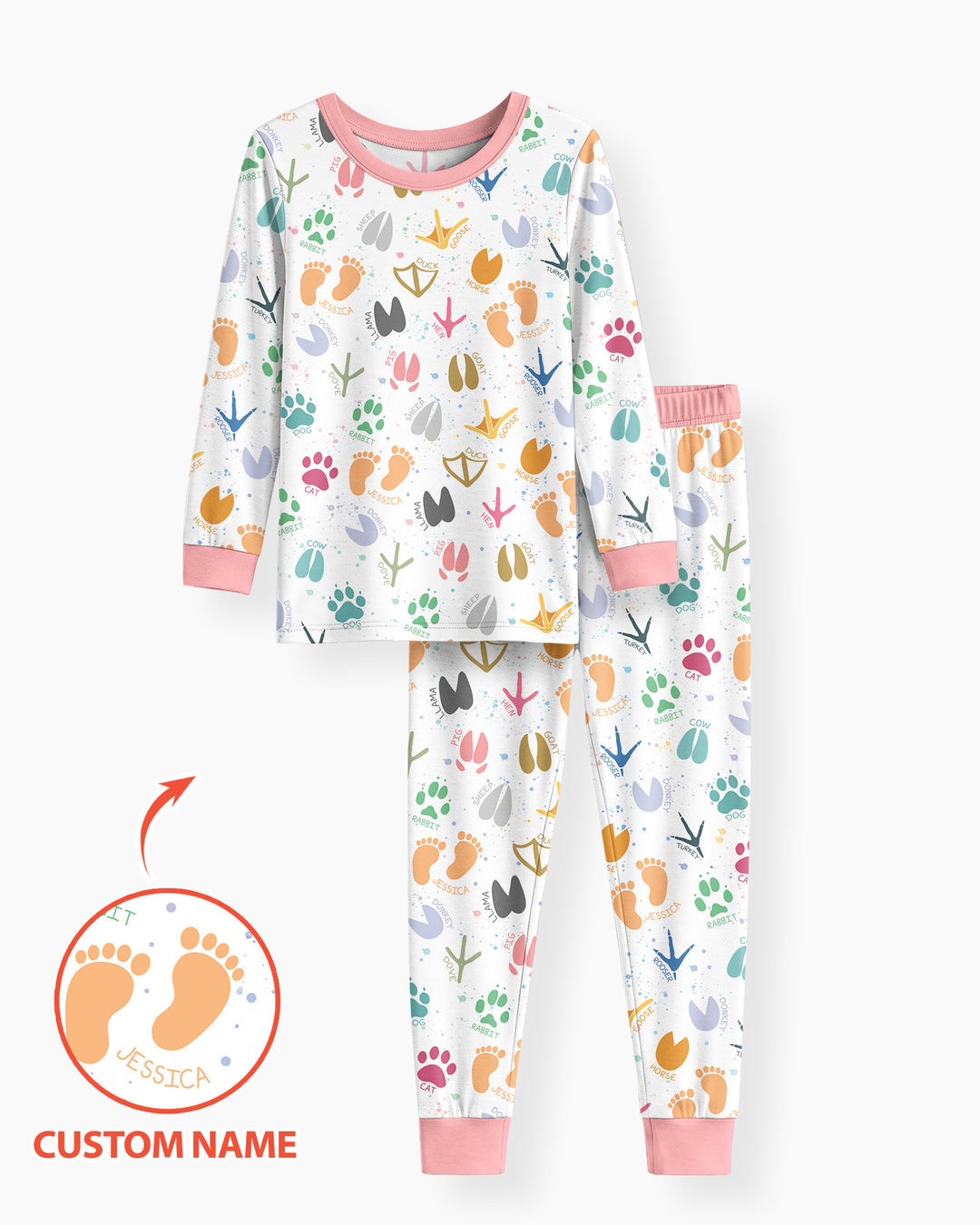 Cute Farm Animal Tracks Custom Name Bamboo Two Piece Long Sleeve Pajama Set