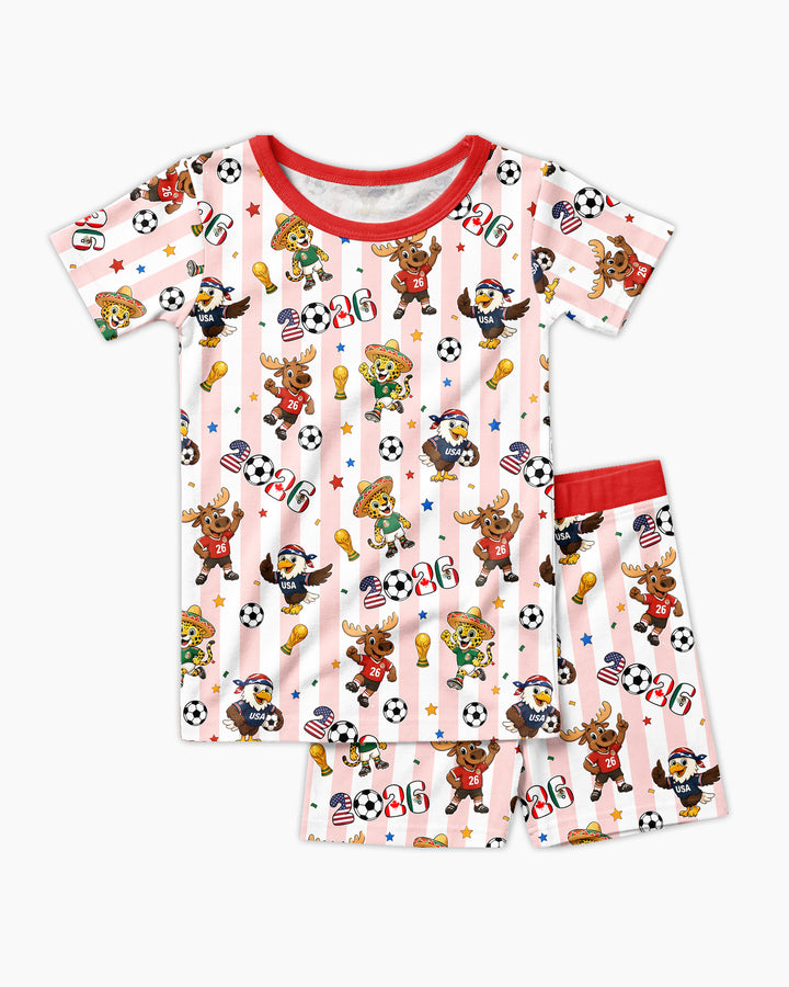 Striped Cute Mascots Soccer Cup 2026 Bamboo Two Piece Short Sleeve Shorts Pajama Set
