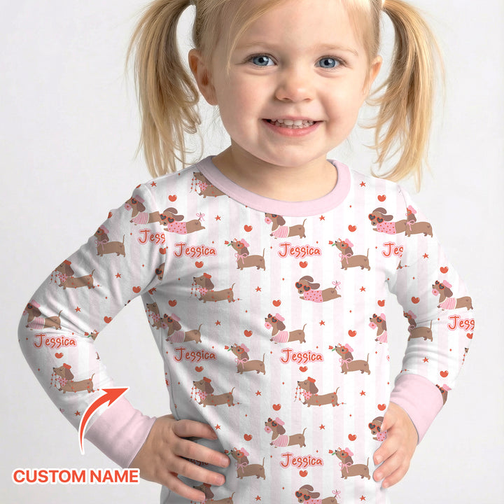 Custom Name Valentine Dachshund Family Matching Two Piece Long Sleeve Pajama Set