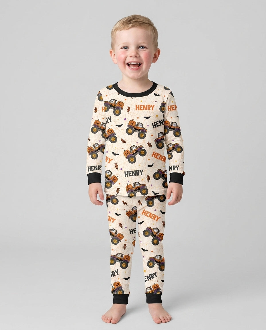 Custom Name Halloween Monster Truck Bamboo Two Piece Long Sleeve Pajama Set