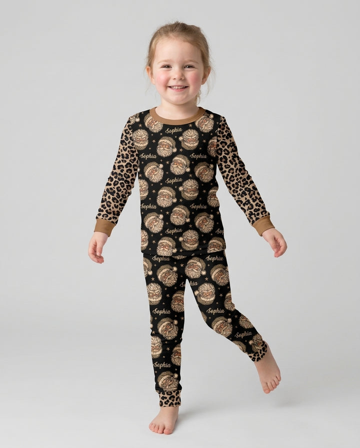 Custom Name Vintage Leopard Santa Bamboo Two Piece Long Sleeve Pajama Set