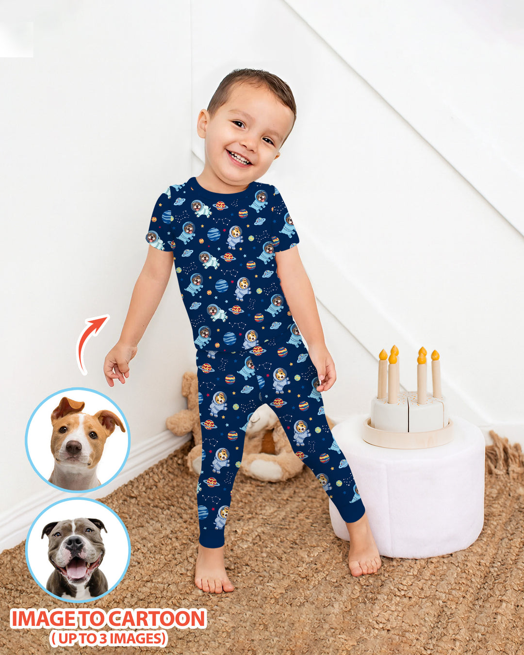 Astronaut Custom Pet Image Family Matching Bamboo Two Piece Short Sleeve Pajama Set