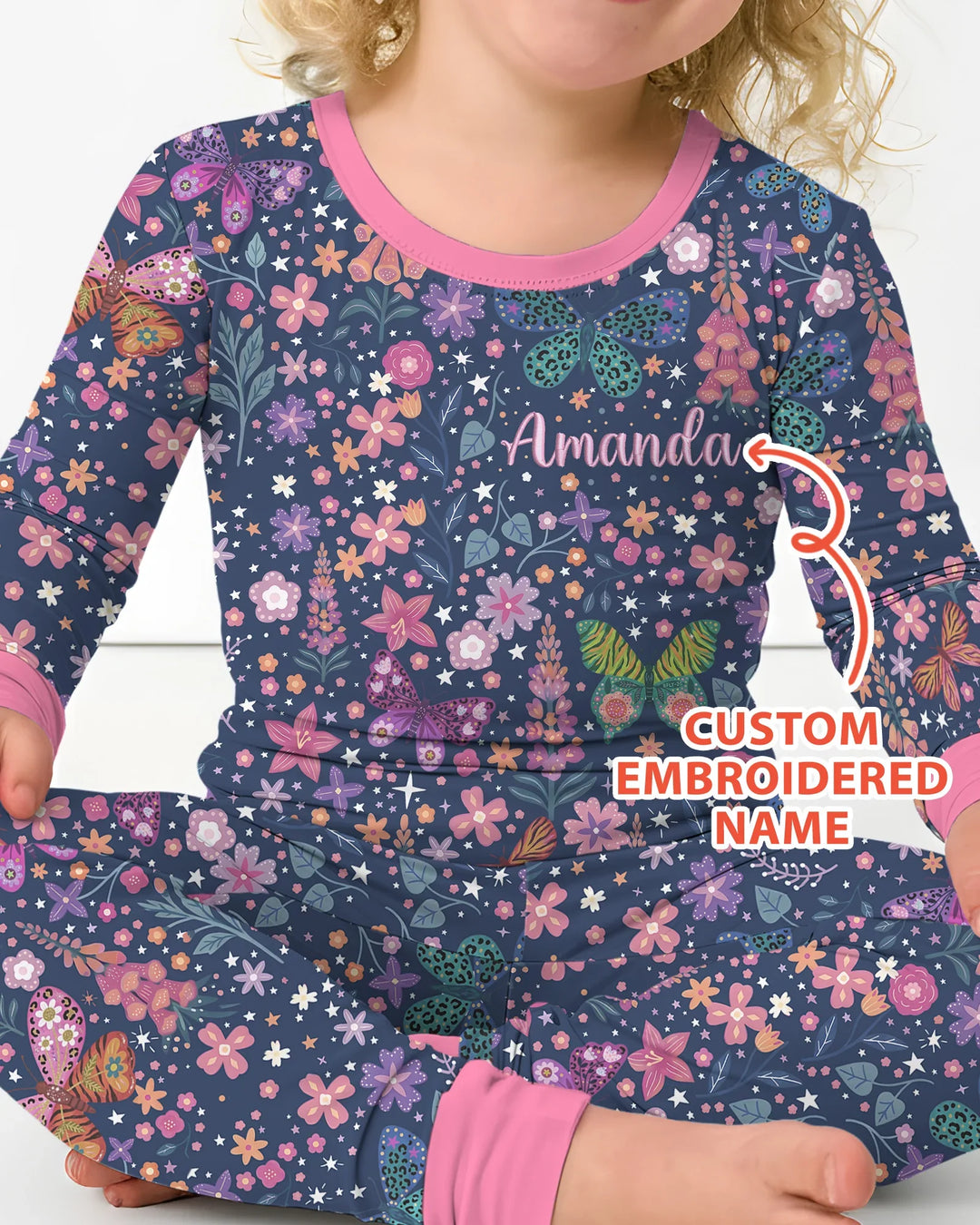 Custom Name Embroidered Colorful Butterfly Bamboo Two Piece Long Sleeve Pajama Set
