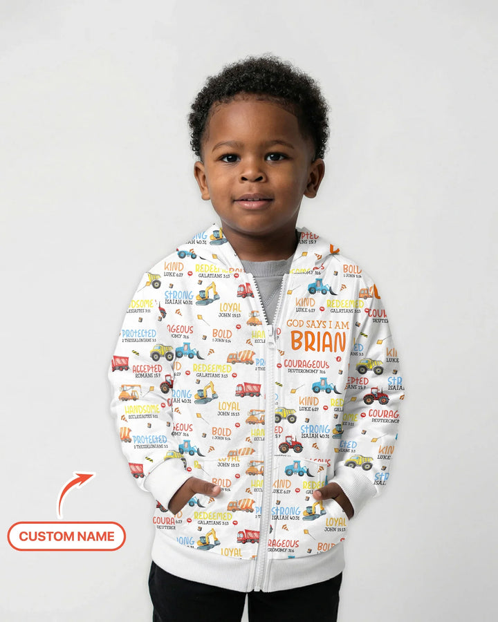 Personalized God Says I Am Little Builder Zip Hoodie