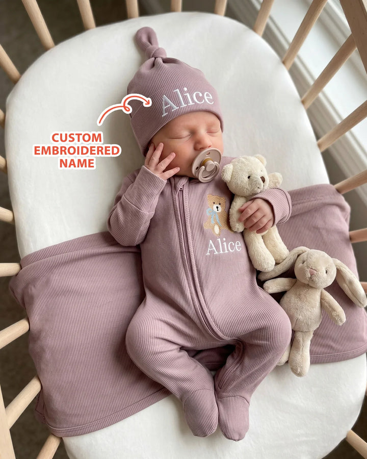 Personalized Teddy Bear Embroidered Ribbed Bamboo Hat