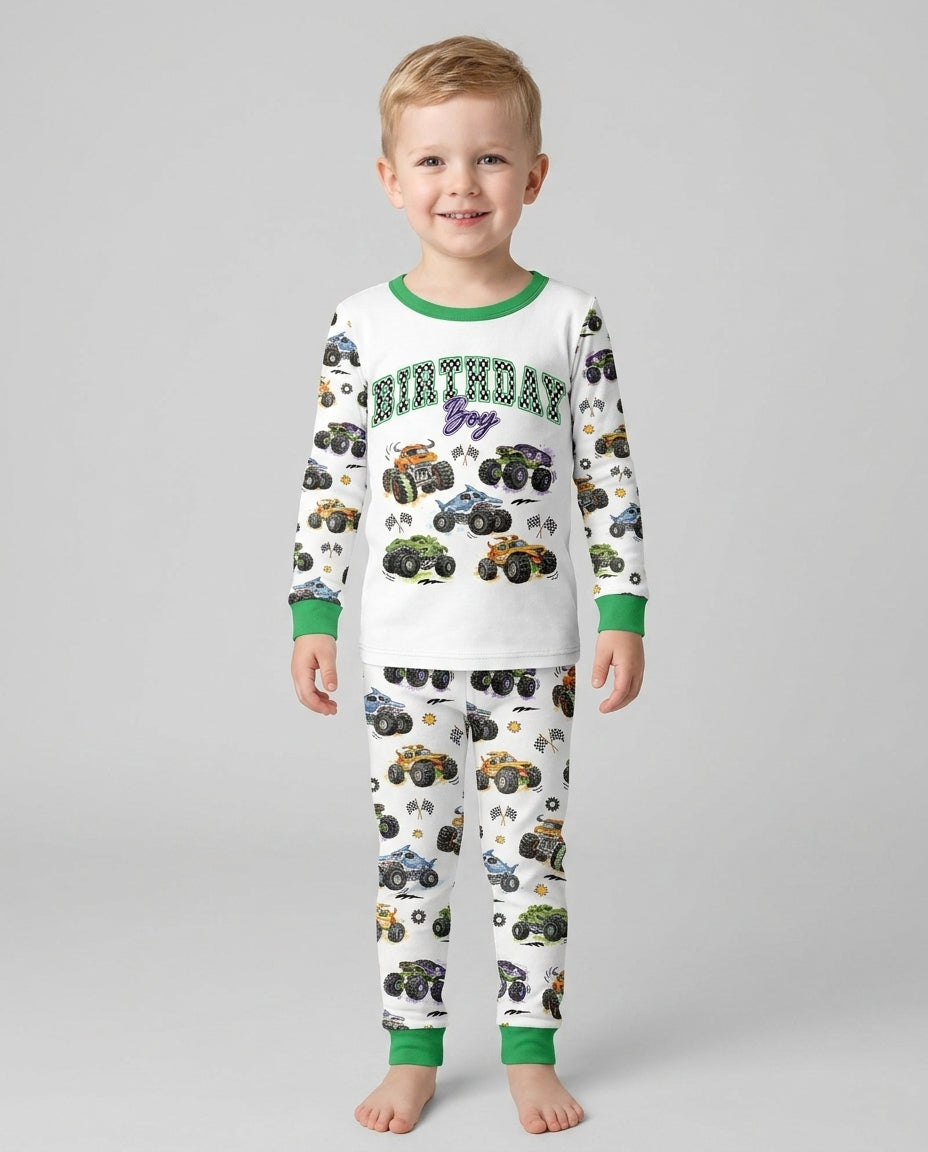 Personalized Monster Truck Birthday Bamboo Two Piece Long Sleeve Pajama Set