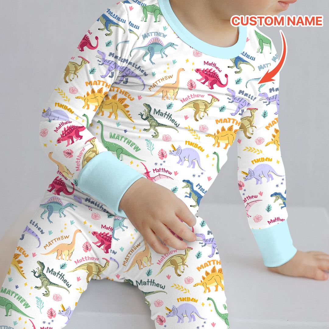 Dino Roar Custom Name Two Piece Long Sleeve Pajama Set