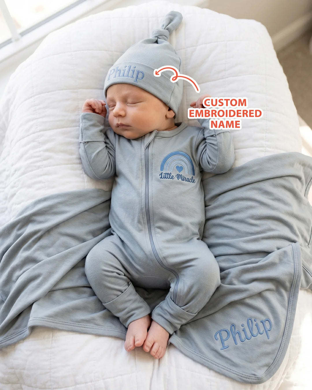Personalized Little Miracle Blue Embroidered Bamboo Blanket