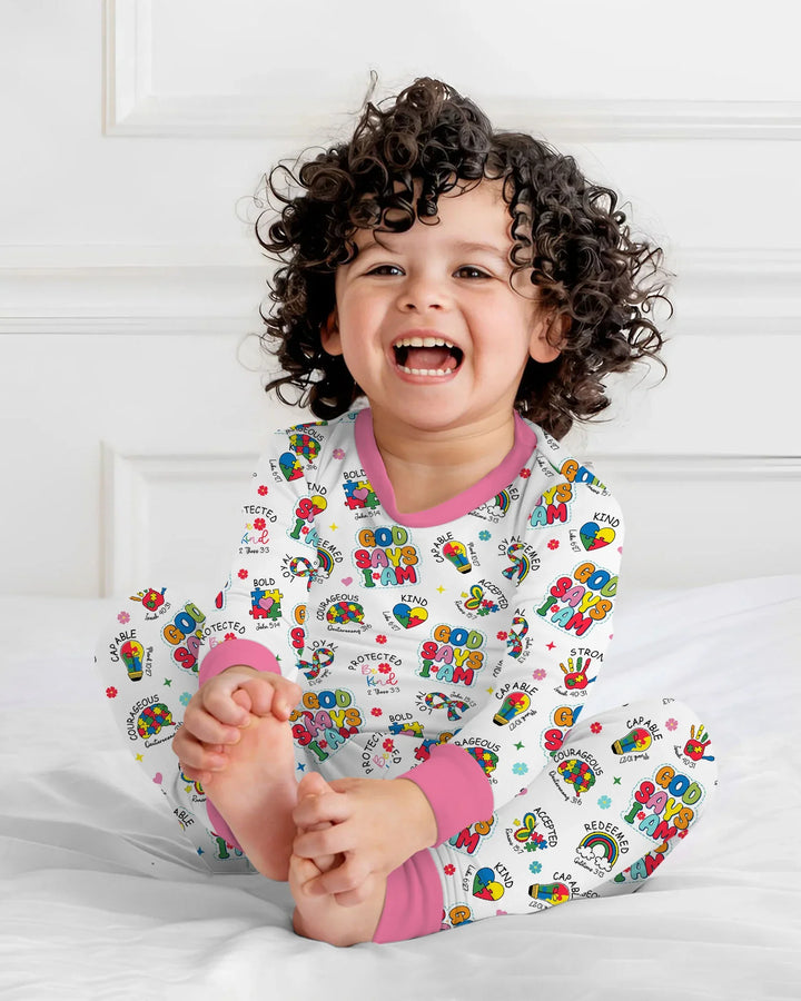 God Says I Am Autism Awareness Bamboo Two Piece Long Sleeve Pajama Set