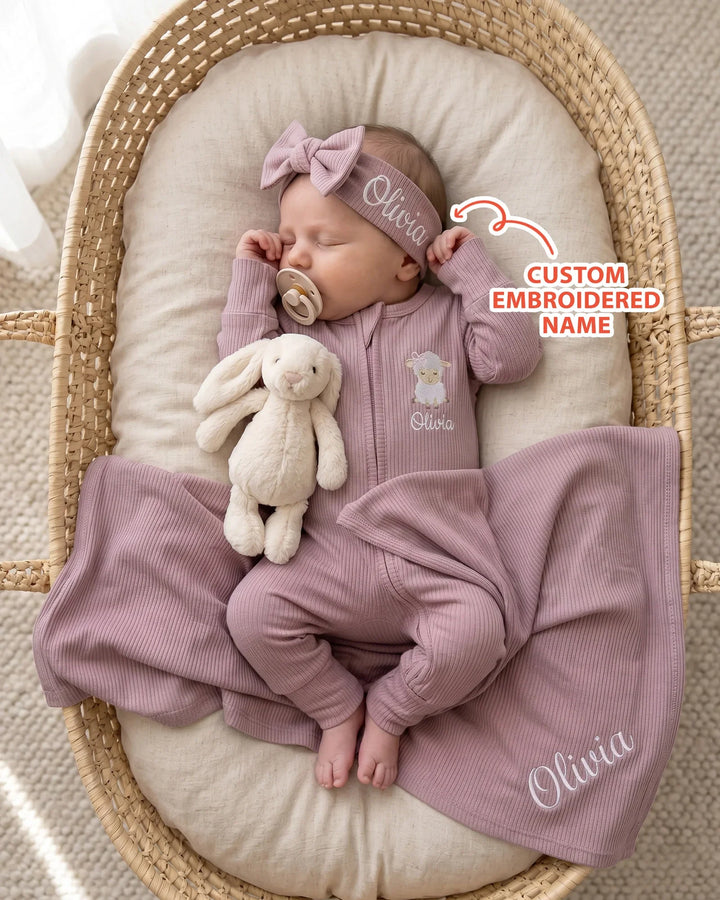 Personalized Baby Sheep Embroidered Ribbed Bamboo Blanket
