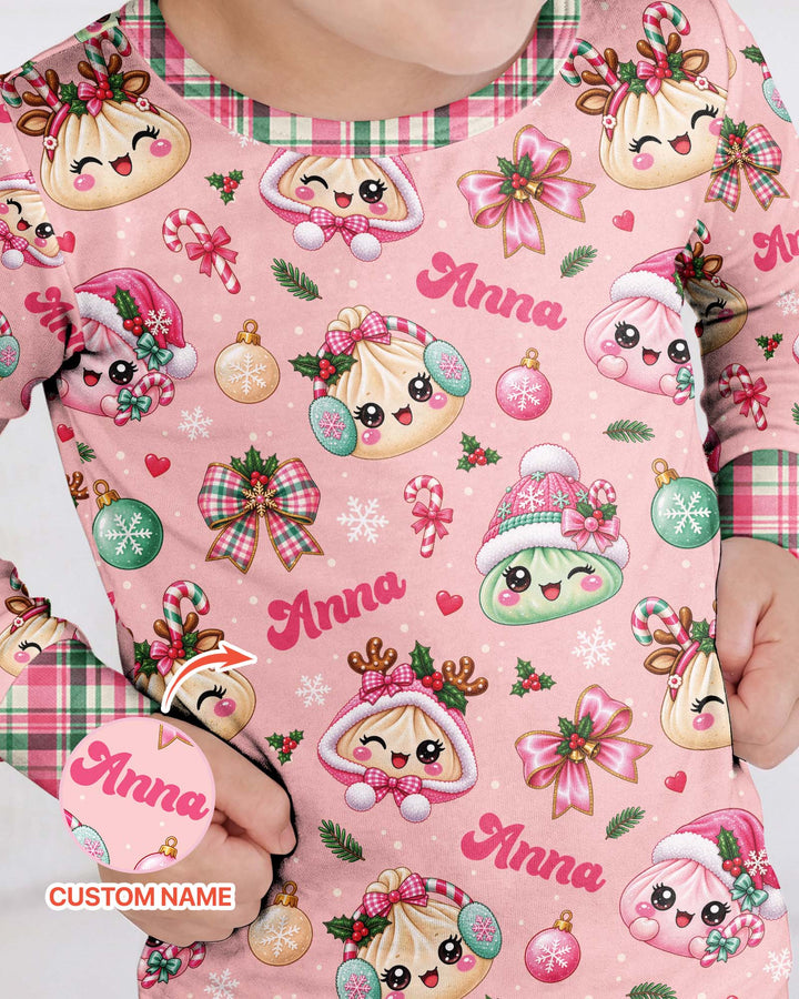 Custom Name Kawaii Christmas Dumpling Bamboo Two Piece Long Sleeve Pajama Set