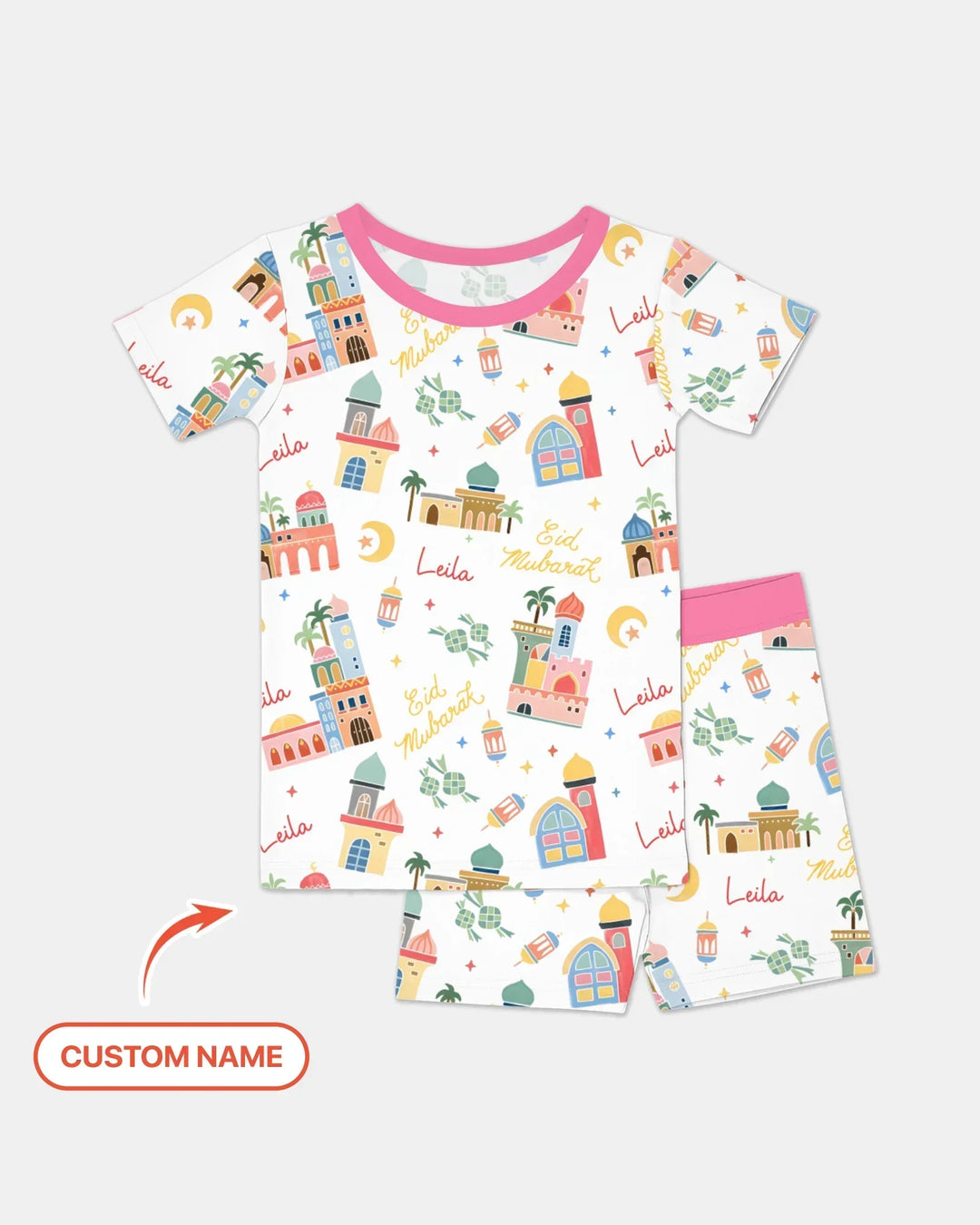 Eid Mubarak Custom Name Two Piece Short Sleeve Shorts Pajama Set