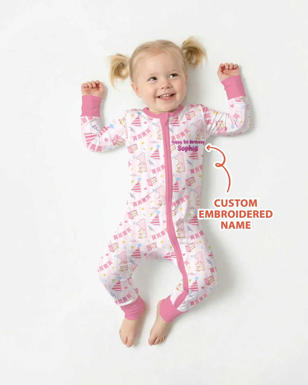 1st Birthday Girl Embroidered Baby Bamboo Convertible Zippy