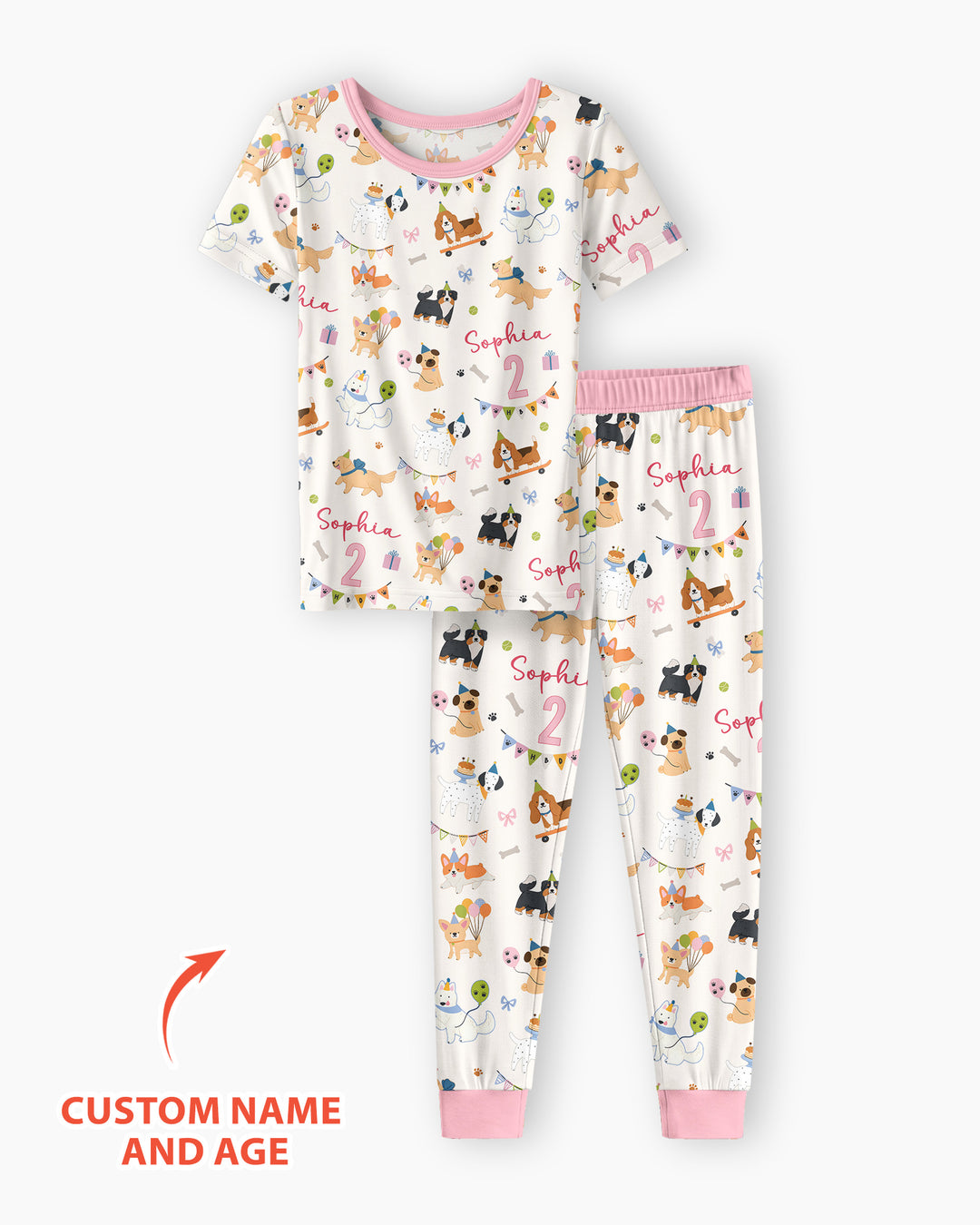 Custom Name Birthday Dogs Party Bamboo Two Piece Short Sleeve Pajama Set
