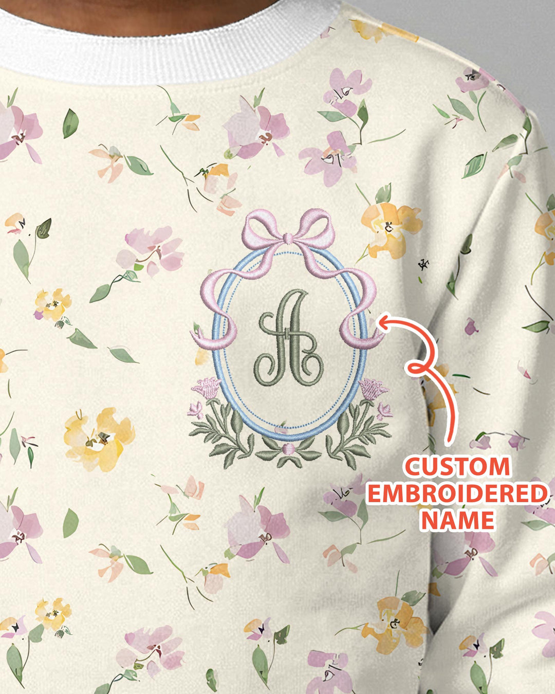 Custom Embroidered Name Floral Bamboo Crewneck Sweatshirt