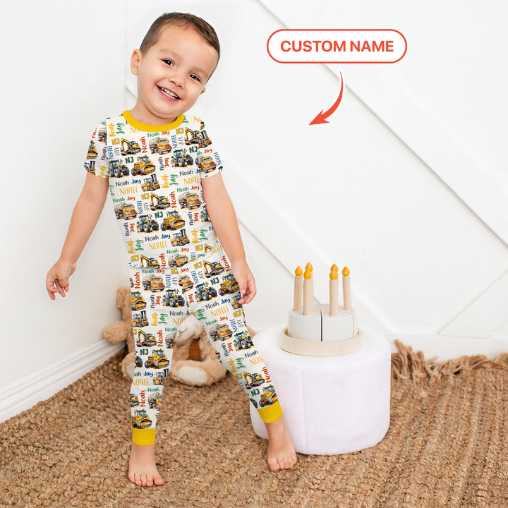 Custom Name Construction Trucks Two Piece Short Sleeve Pajama Set