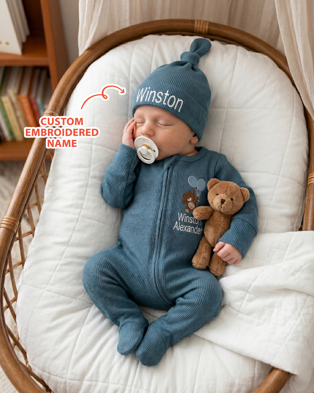 Personalized Dream Bear Embroidered Waffle Bamboo Welcome Home Bundle