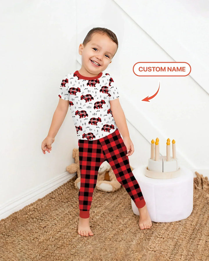 Pijama de dos piezas de bambú de manga corta a juego con osos de familia con nombre personalizado