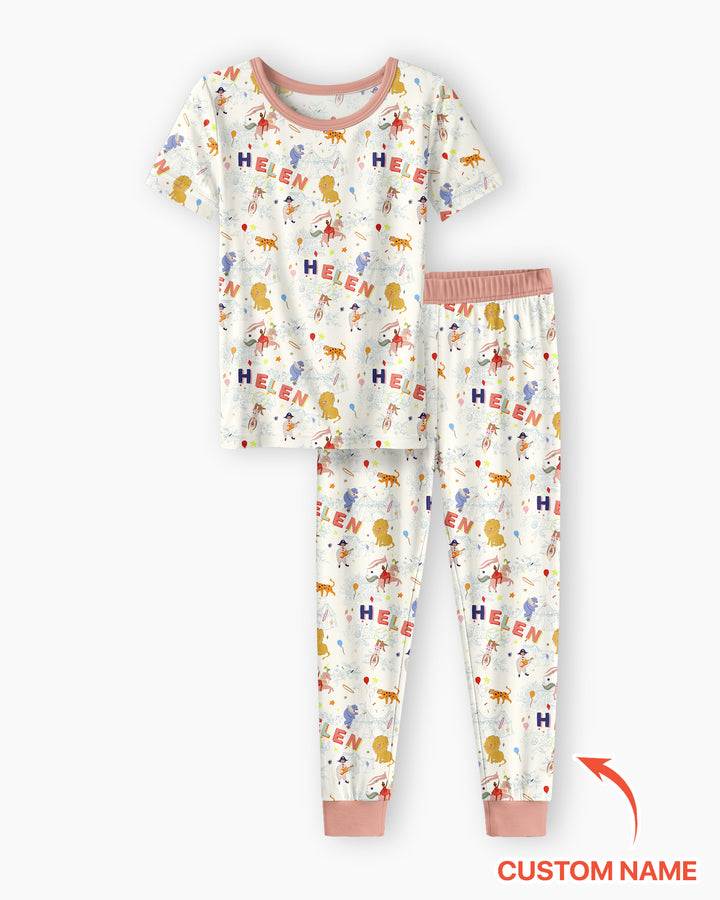 Custom Name Circus Toile Bamboo Two Piece Short Sleeve Pajama Set
