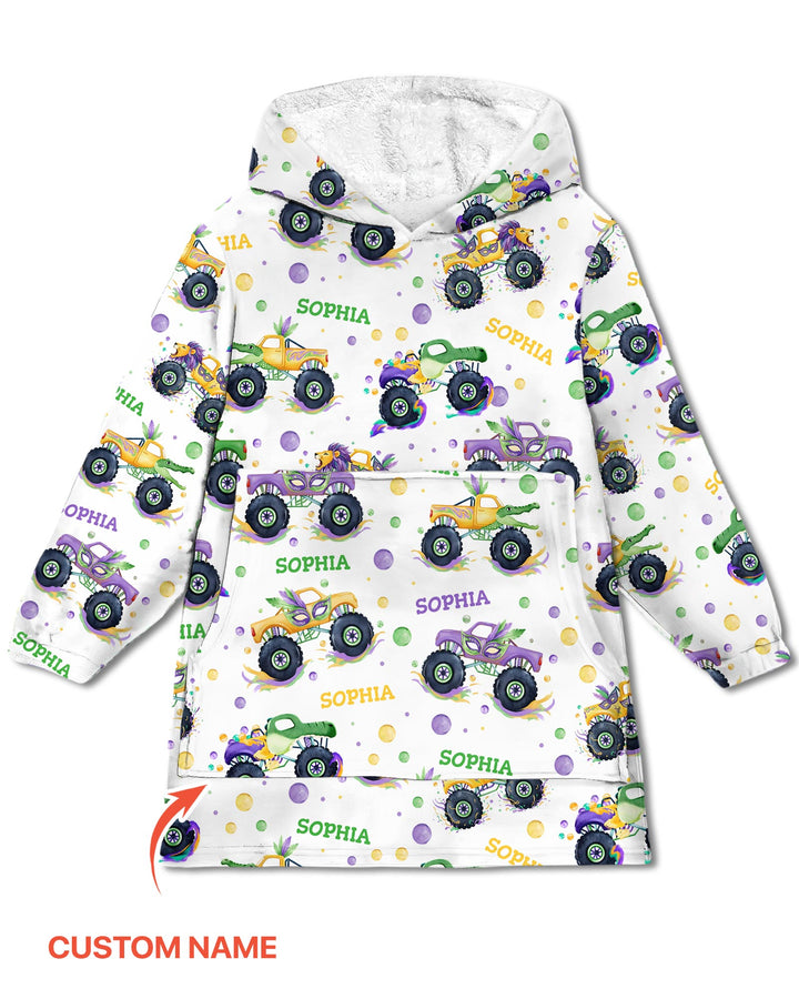 Custom Name Mardi Gras Monster Trucks Blanket Hoodie