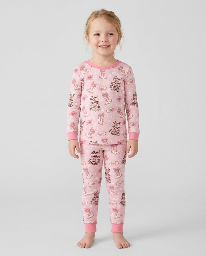 Western Cowgirl Boots And Bows Bamboo Two Piece Long Sleeve Pajama Set