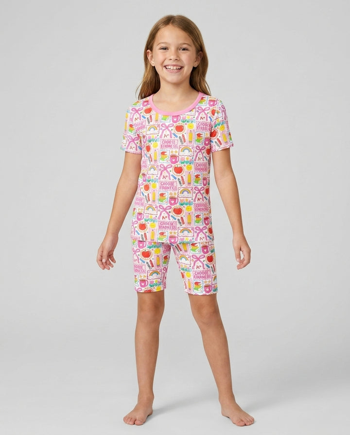 Kindness School Girl Bamboo Two Piece Short Sleeve Shorts Pajama Set