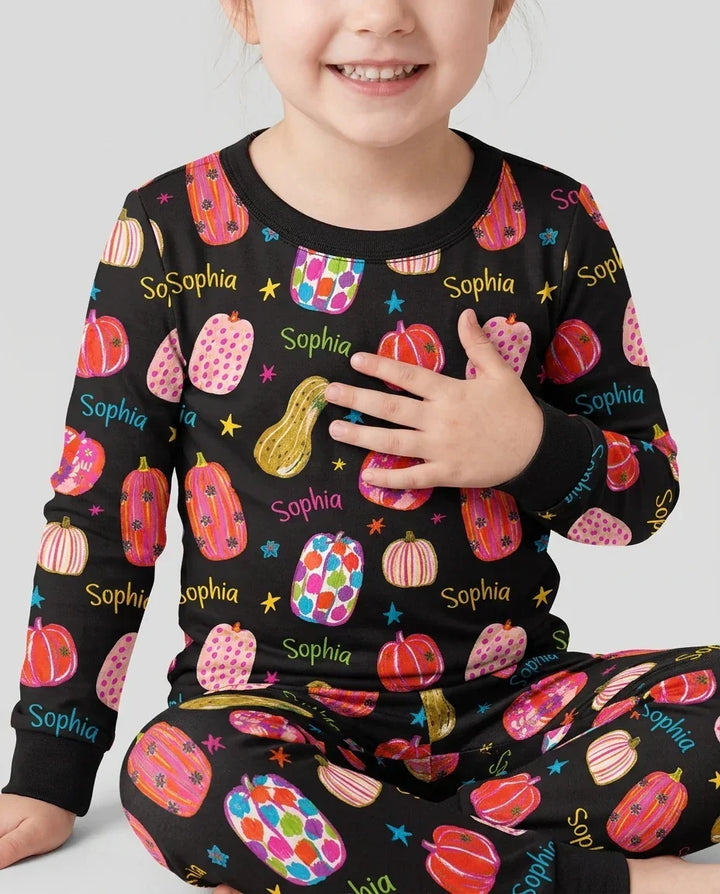 Custom Name Colorful Pumpkin Bamboo Two Piece Long Sleeve Pajama Set