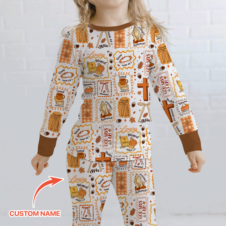 Custom Name I Am Thankful For Jesus Two Piece Long Sleeve Pajama Set , Custom Name I Am Thankful For Jesus Two Piece Long Sleeve Pajama Set - 12-18M