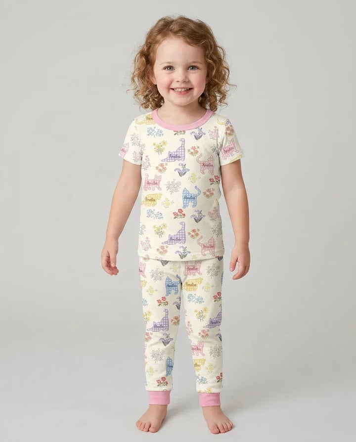 Gingham Cats Custom Name Bamboo Two Piece Short Sleeve Pajama Set
