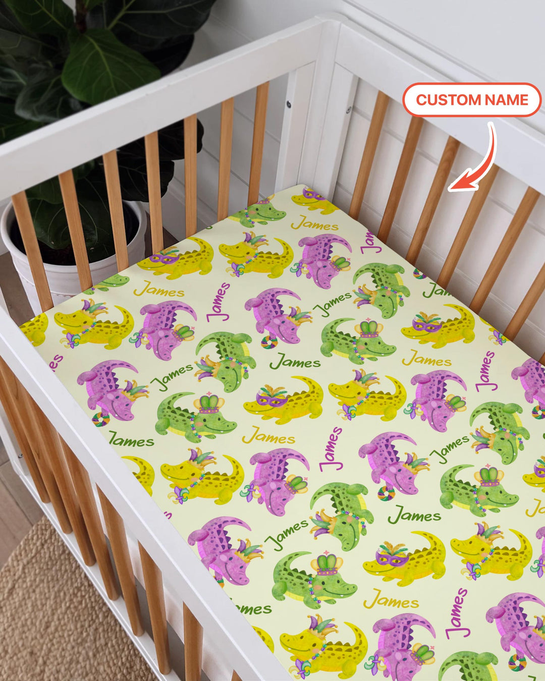 Custom Name Mardi Gras Alligator Fitted Crib Sheet
