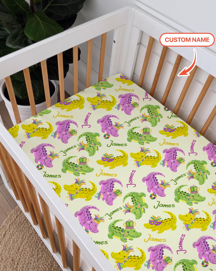 Custom Name Mardi Gras Alligator Fitted Crib Sheet