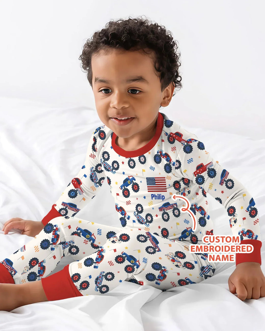 Custom Name Embroidered Red White & Truck Bamboo Two Piece Long Sleeve Pajama Set