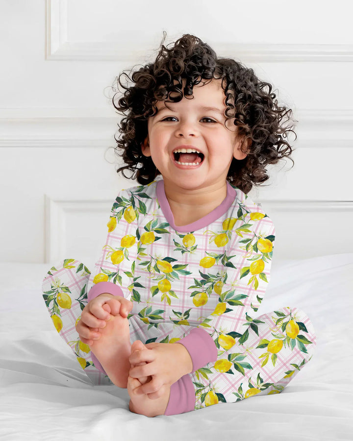 Mediterranean Lemons Family Matching Bamboo Two Piece Long Sleeve Pajama Set