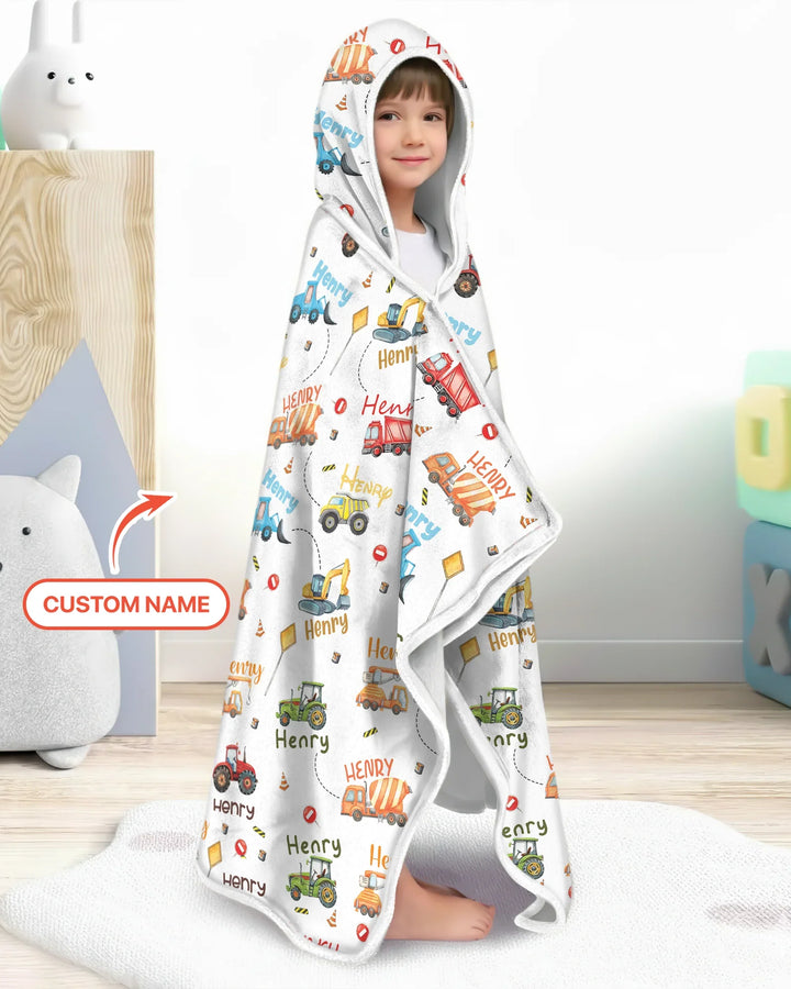 Construction Vehicles Custom Name Wearable Hooded Blanket