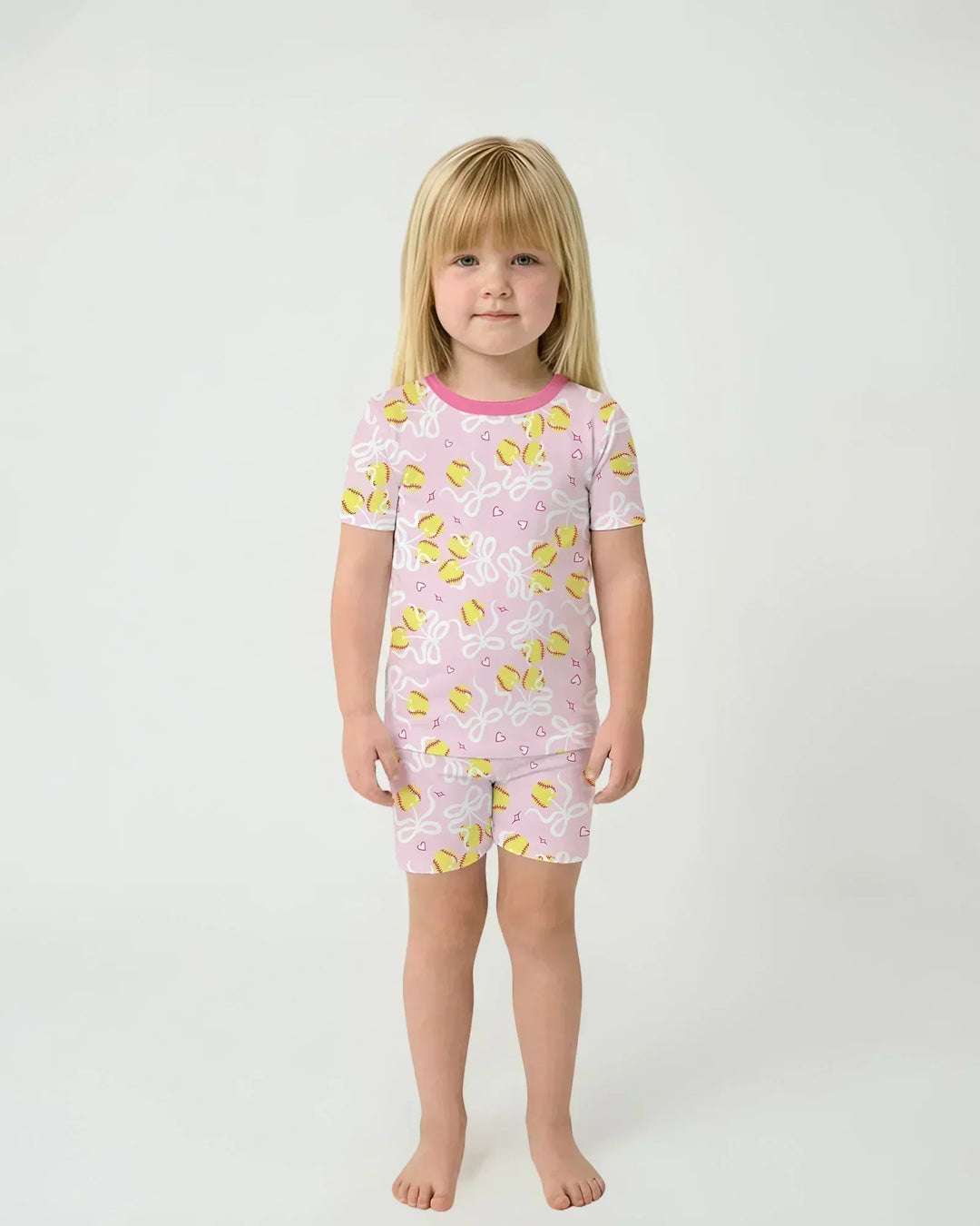 Softball Cherry Mom And Girl Matching Bamboo Two Piece Short Sleeve Shorts Pajama Set