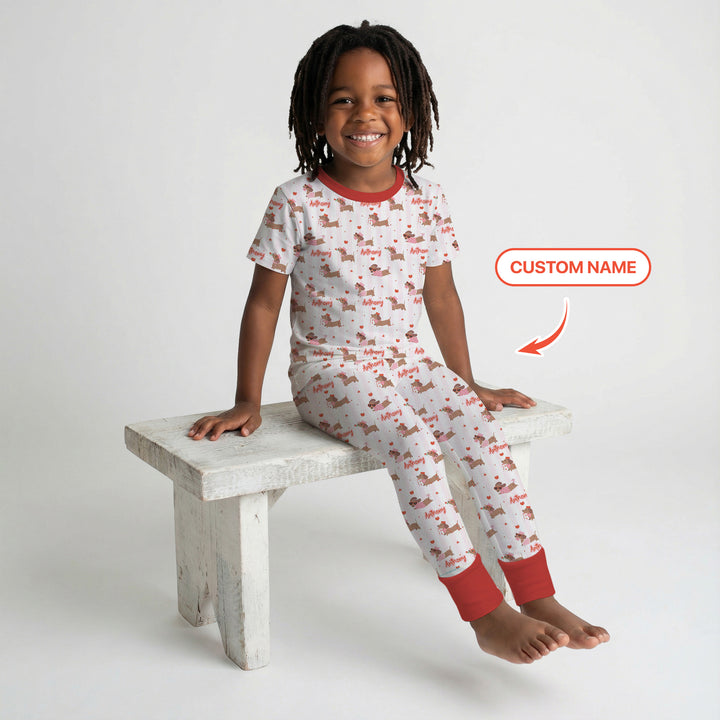 Custom Name Valentine Dachshund Family Matching Two Piece Short Sleeve Pajama Set
