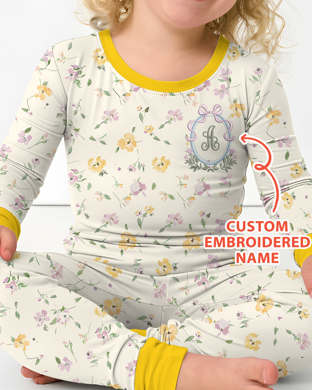 Custom Embroidered Name Floral Bamboo Two Piece Long Sleeve Pajama Set