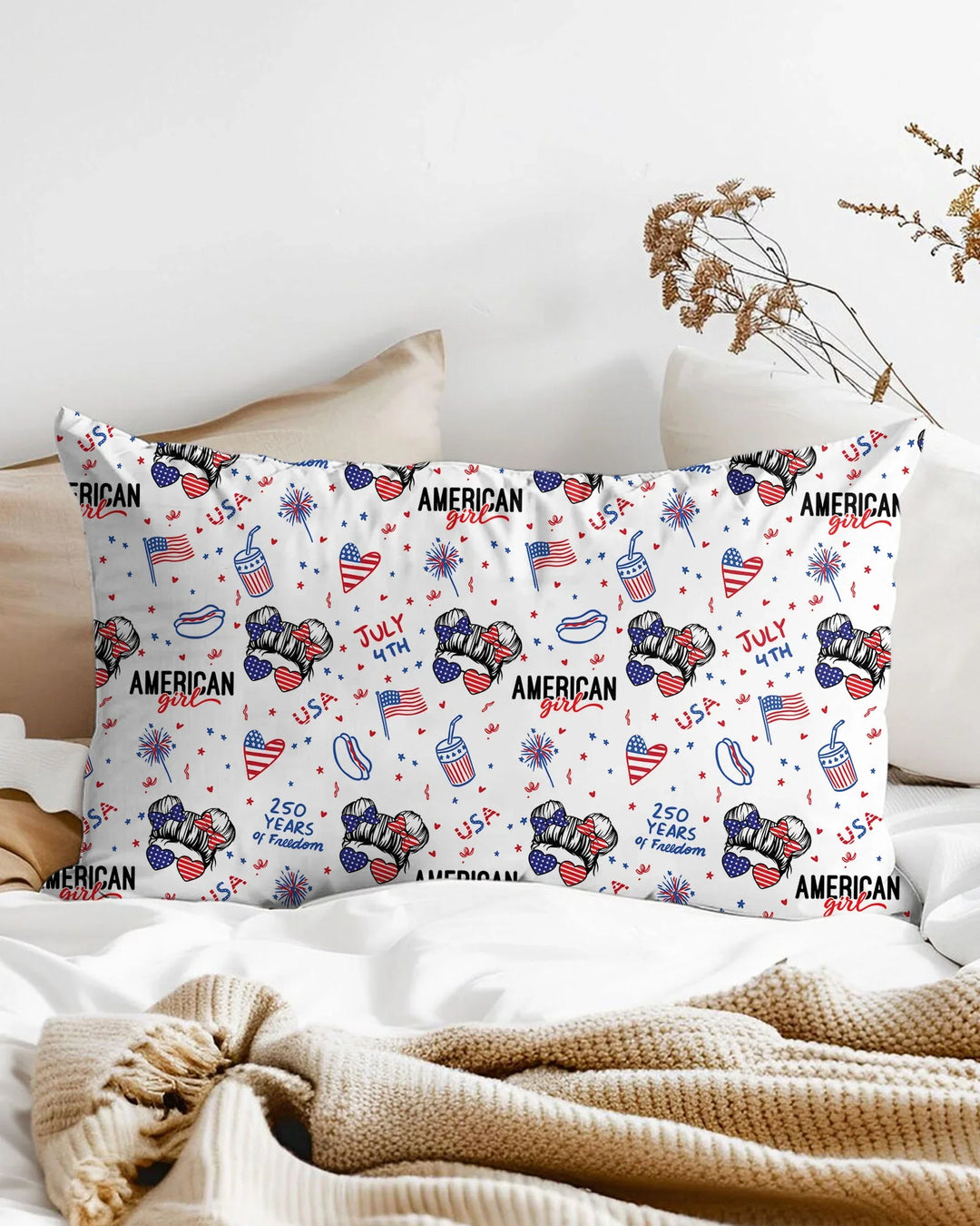 Doodle American Flag Glasses Family Matching Bamboo Pillow Case