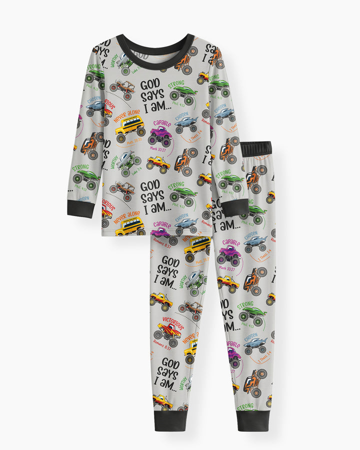 God Says I Am Monster Truck Bamboo Two Piece Long Sleeve Pajama Set