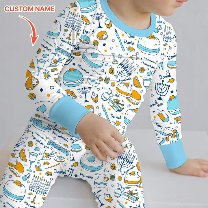 Happy Hanukkah Doodles Custom Name Family Matching Two Piece Long Sleeve Pajama Set