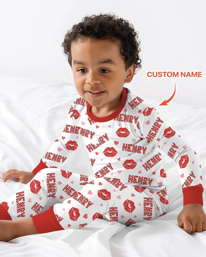Custom Name Valentine Kiss Two Piece Long Sleeve Pajama Set