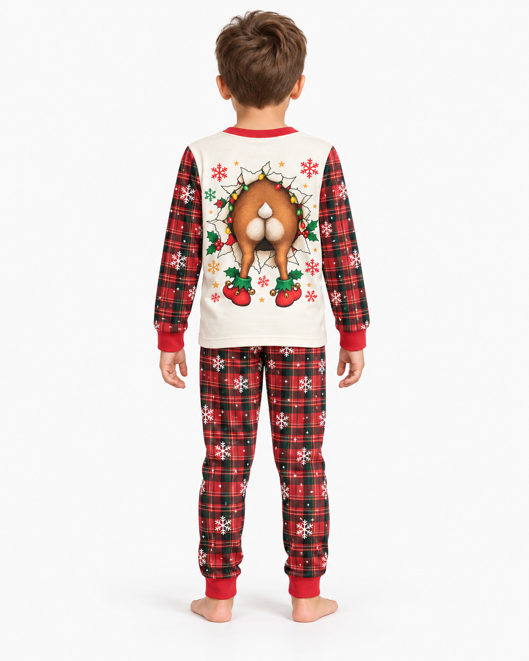 Cute Reindeer in Santa Hat Bamboo Two Piece Long Sleeve Pajama Set