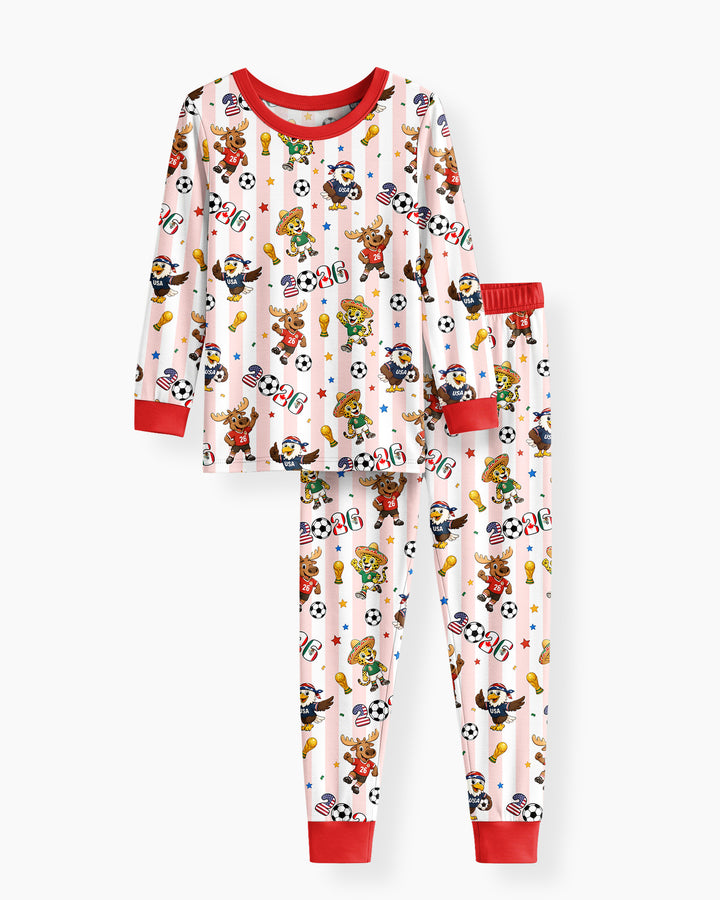 Striped Cute Mascots Soccer Cup 2026 Bamboo Two Piece Long Sleeve Pajama Set