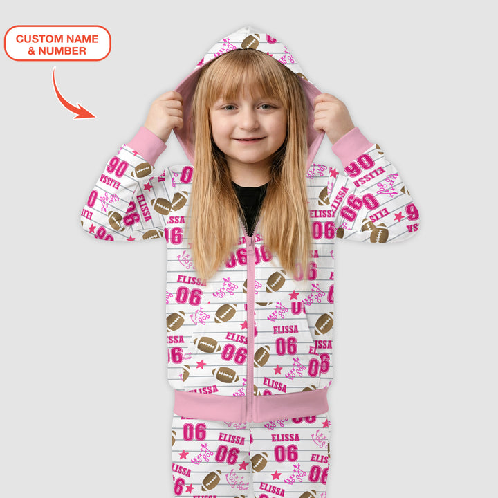 Custom Name Football Time Pink Zip Hoodie